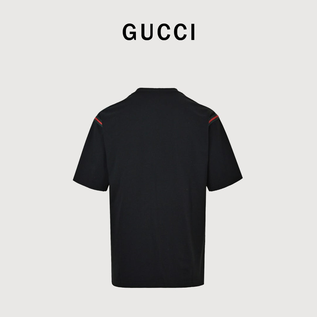 Gucci Red Green Web Stripe Shoulder Embroidered Logo Short-Sleeve T-Shirt Black