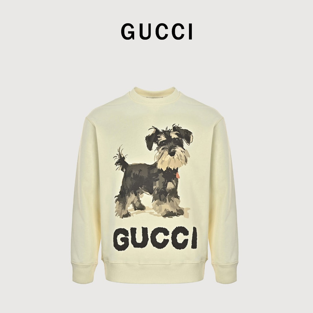 Gucci Whimsical Cartoon Schnauzer Dog Print Crew Neck Sweatshirt Cream
