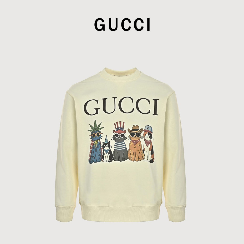 Gucci Whimsical Cartoon Cat Squad Crew Neck Sweatshirt Cream