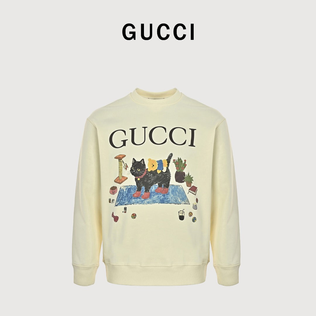 Gucci Whimsical Cartoon Black Cat Picnic Scene Crew Neck Sweatshirt Cream