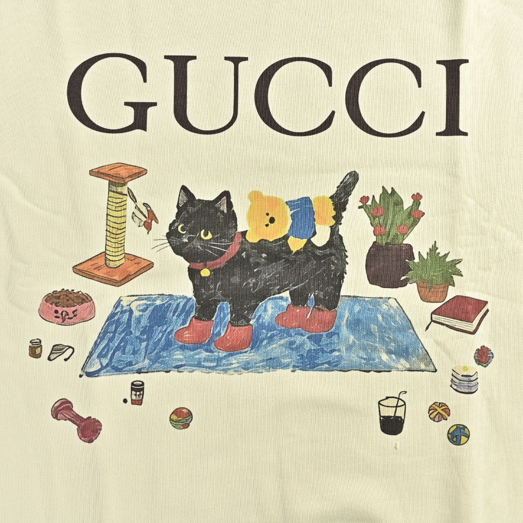 Gucci Whimsical Cartoon Black Cat Picnic Scene Crew Neck Sweatshirt Cream