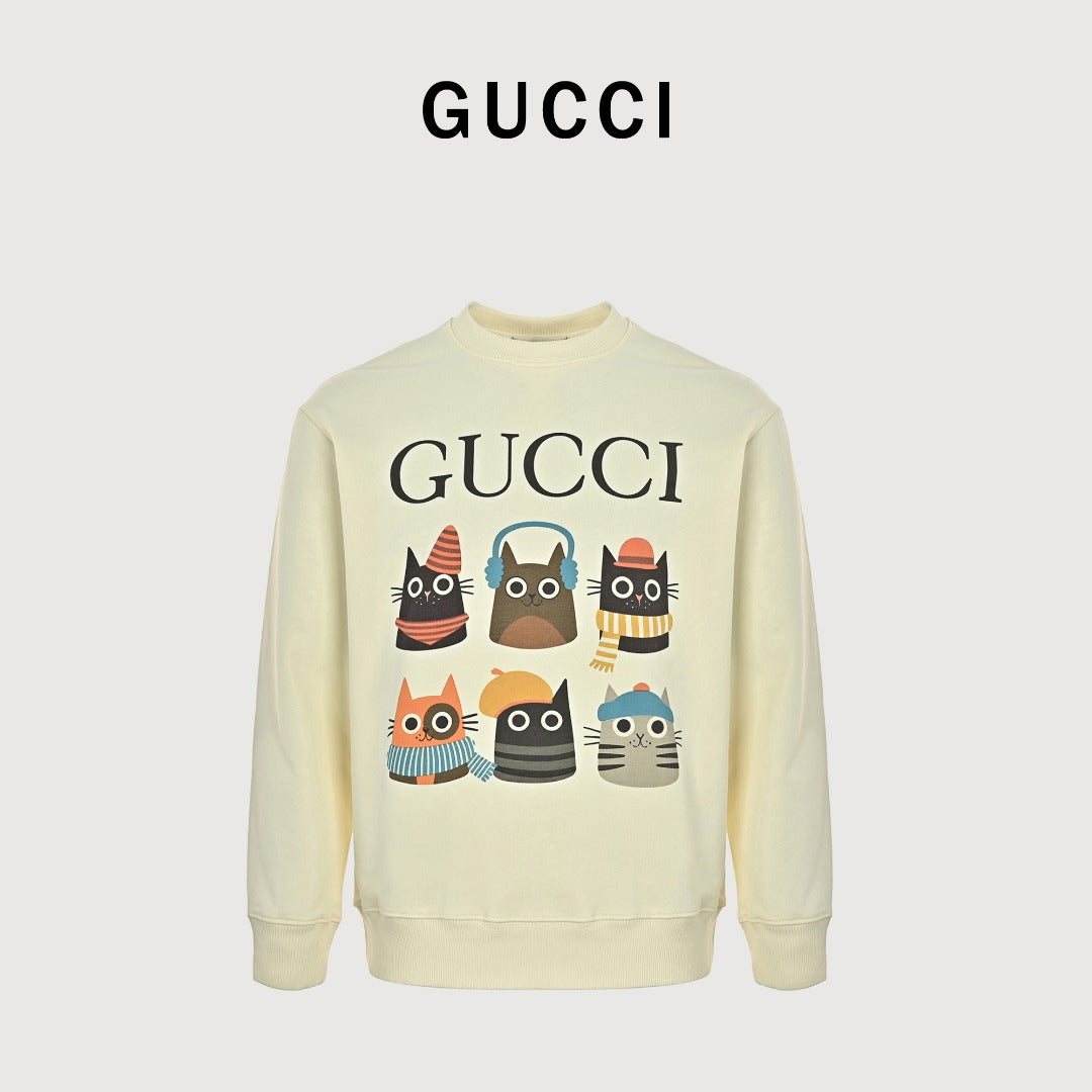 Gucci Whimsical Cartoon Six Cat Portrait Grid Crew Neck Sweatshirt Cream