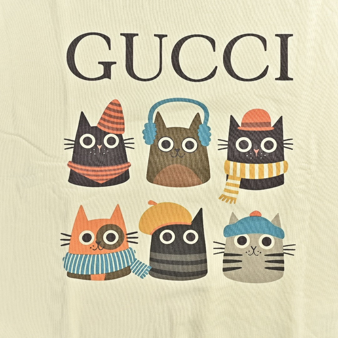 Gucci Whimsical Cartoon Six Cat Portrait Grid Crew Neck Sweatshirt Cream