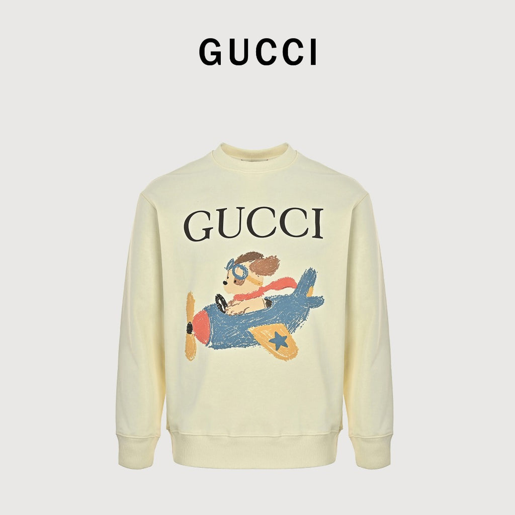 Gucci Whimsical Cartoon Aviator Dog Biplane Crew Neck Sweatshirt Cream