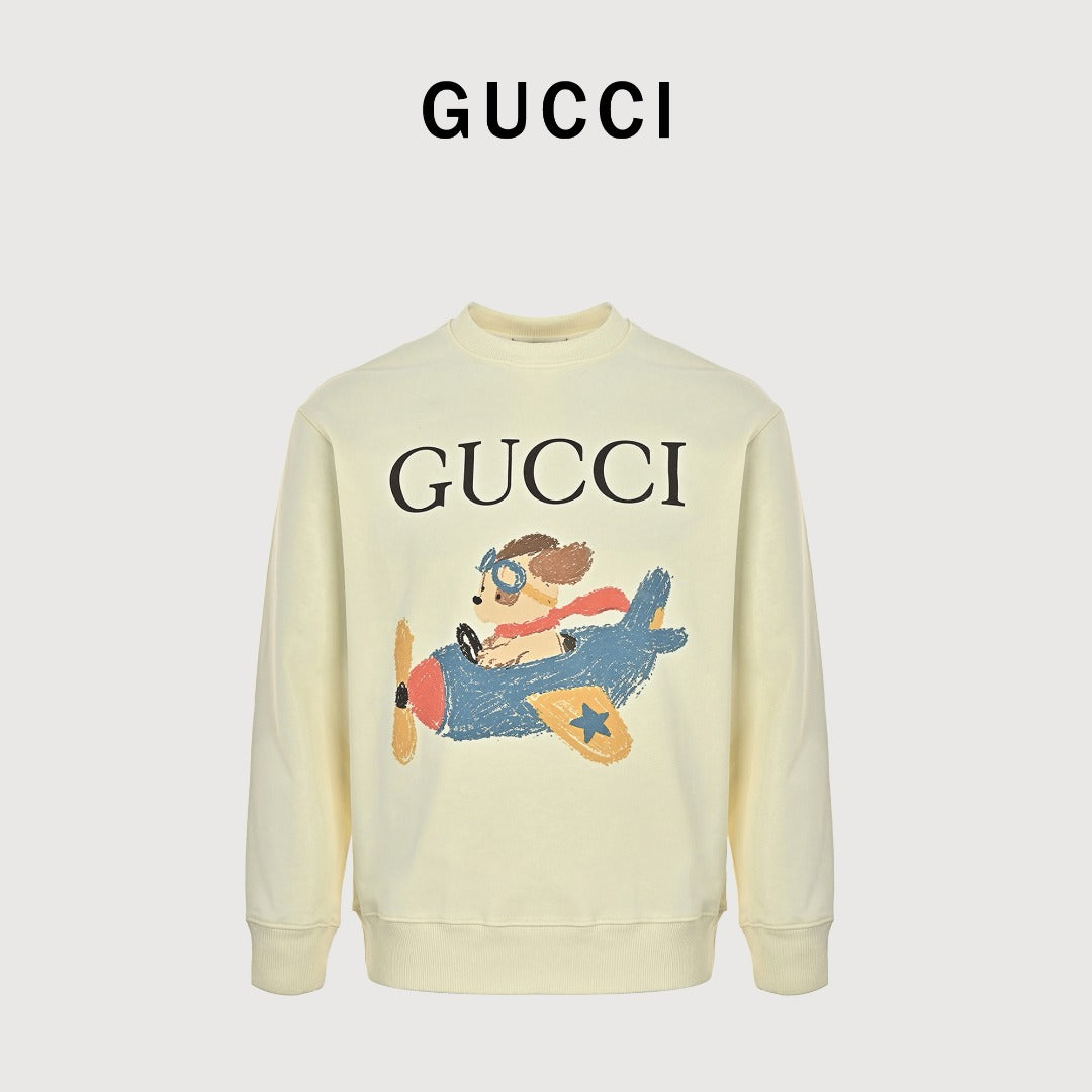 Gucci Whimsical Cartoon Aviator Dog Biplane Crew Neck Sweatshirt Cream