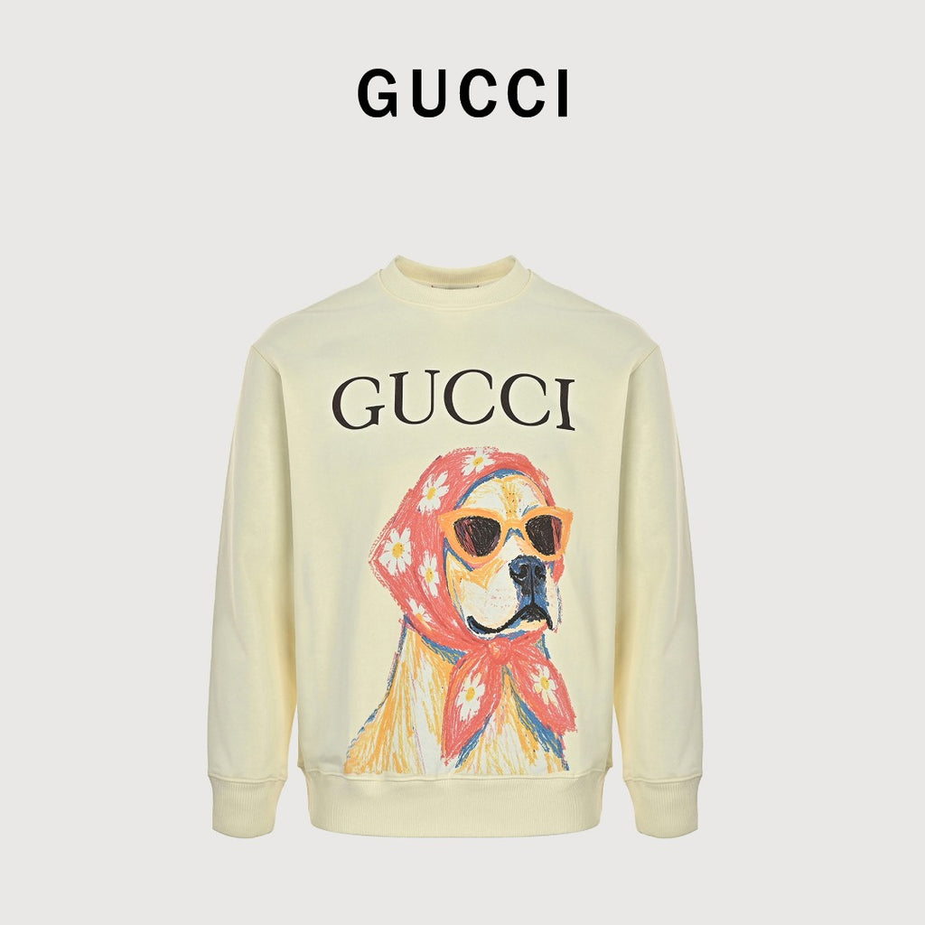Gucci Whimsical Cartoon Golden Retriever Floral Headscarf Sunglasses Crew Neck Sweatshirt Cream