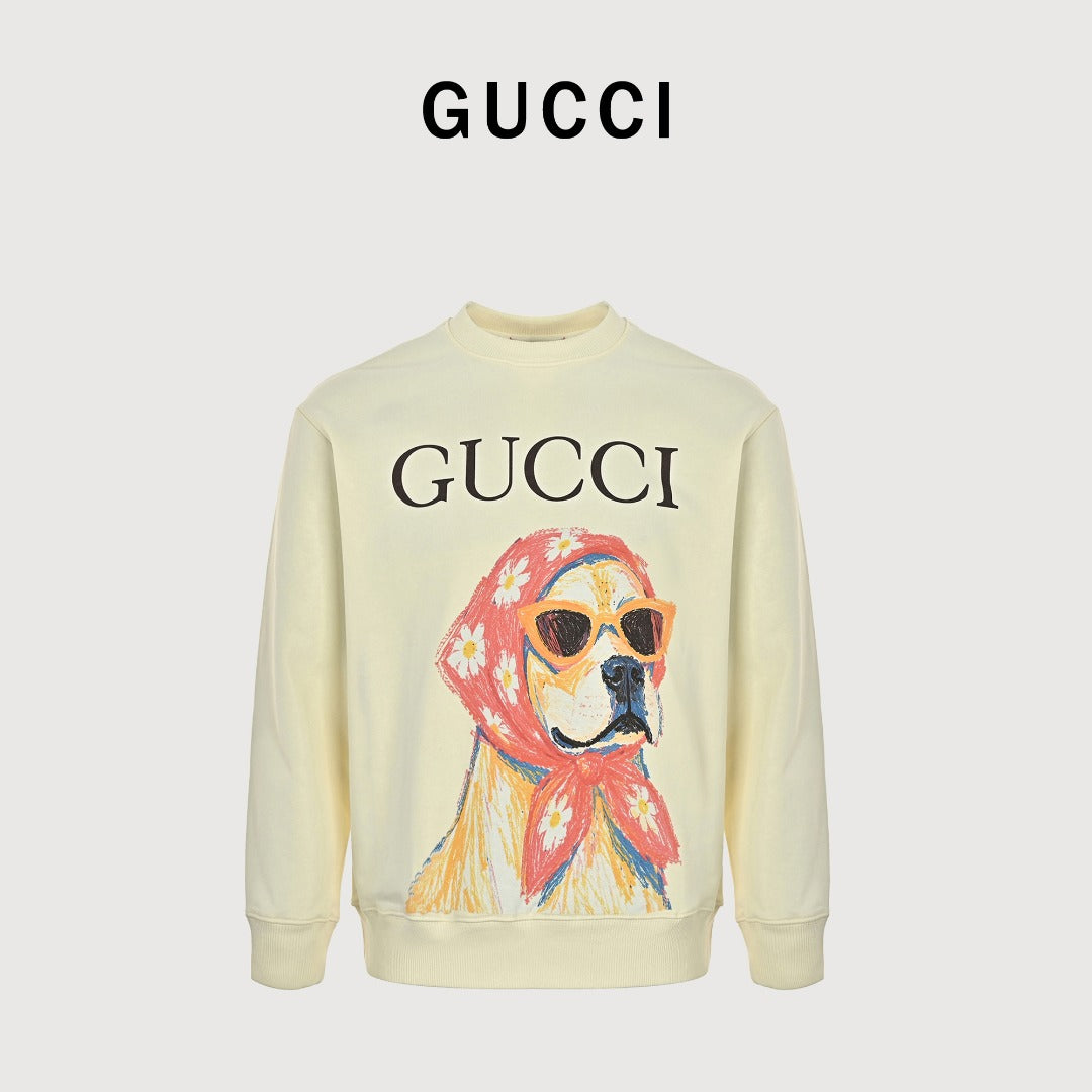 Gucci Whimsical Cartoon Golden Retriever Floral Headscarf Sunglasses Crew Neck Sweatshirt Cream