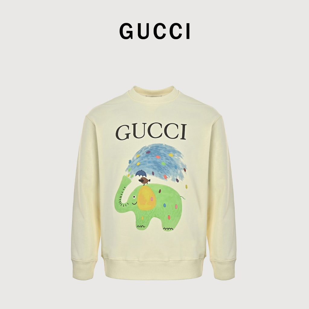Gucci Whimsical Cartoon Baby Elephant Rainstorm Rider Crew Neck Sweatshirt Cream