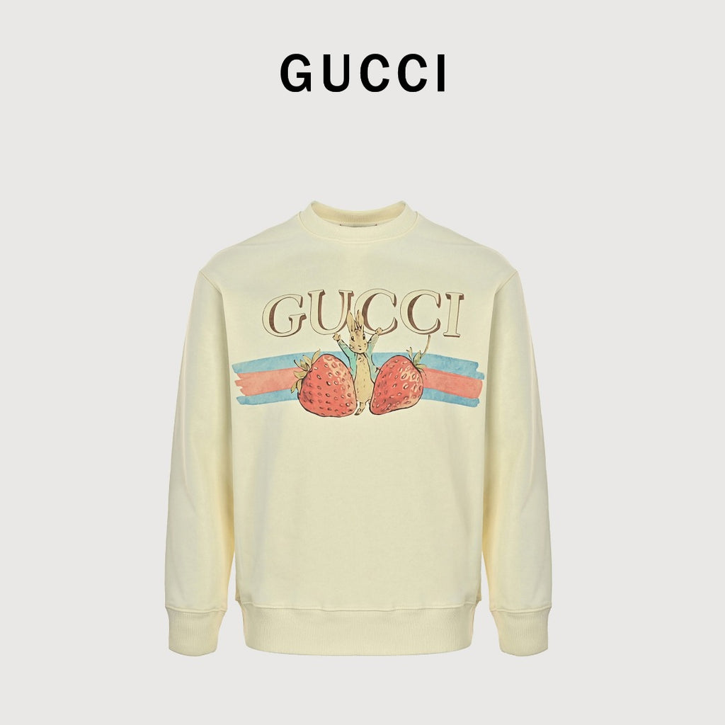 Gucci Whimsical Cartoon Strawberry Web Stripe Logo Crew Neck Sweatshirt Cream