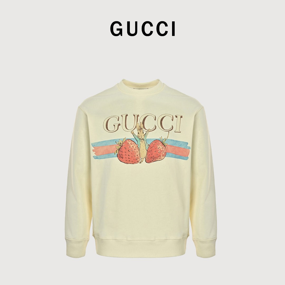 Gucci Whimsical Cartoon Strawberry Web Stripe Logo Crew Neck Sweatshirt Cream