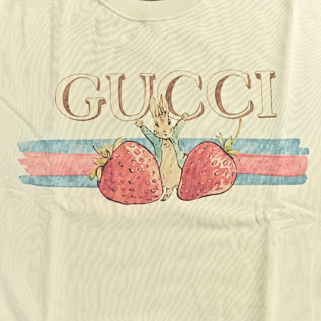 Gucci Whimsical Cartoon Strawberry Web Stripe Logo Crew Neck Sweatshirt Cream