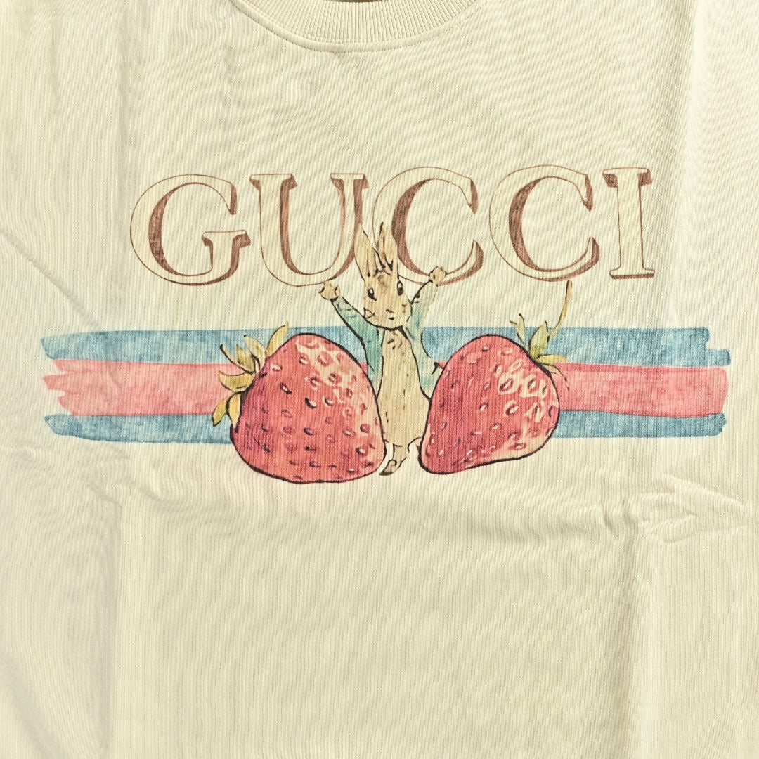 Gucci Whimsical Cartoon Strawberry Web Stripe Logo Crew Neck Sweatshirt Cream