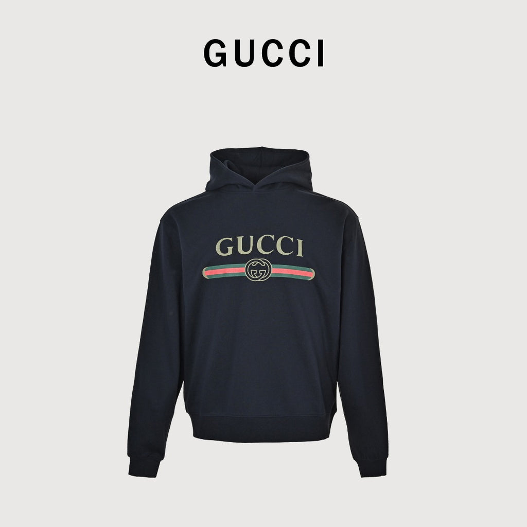 Gucci GUC Classic Web Belt Logo Print Pullover Hoodie Black