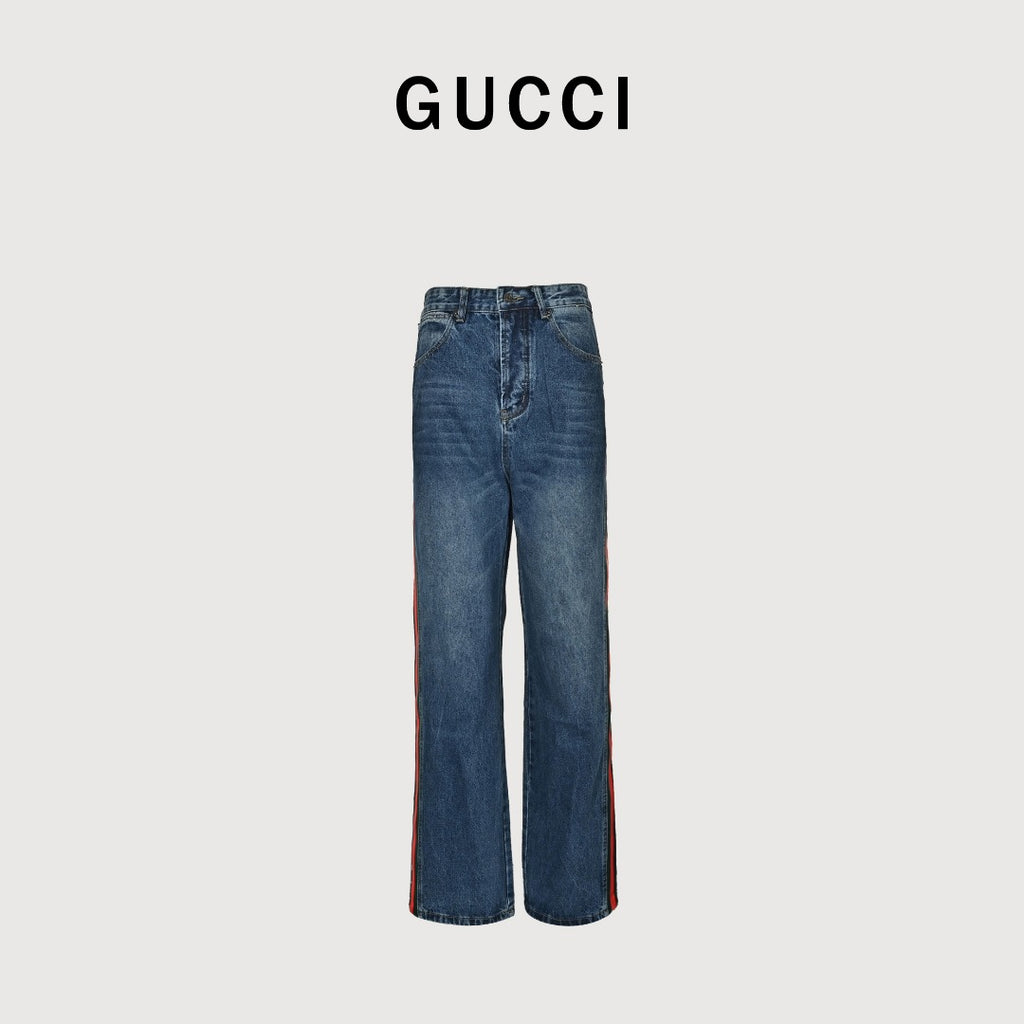 Gucci Side Web Stripe Mid Wash Blue Denim Jeans