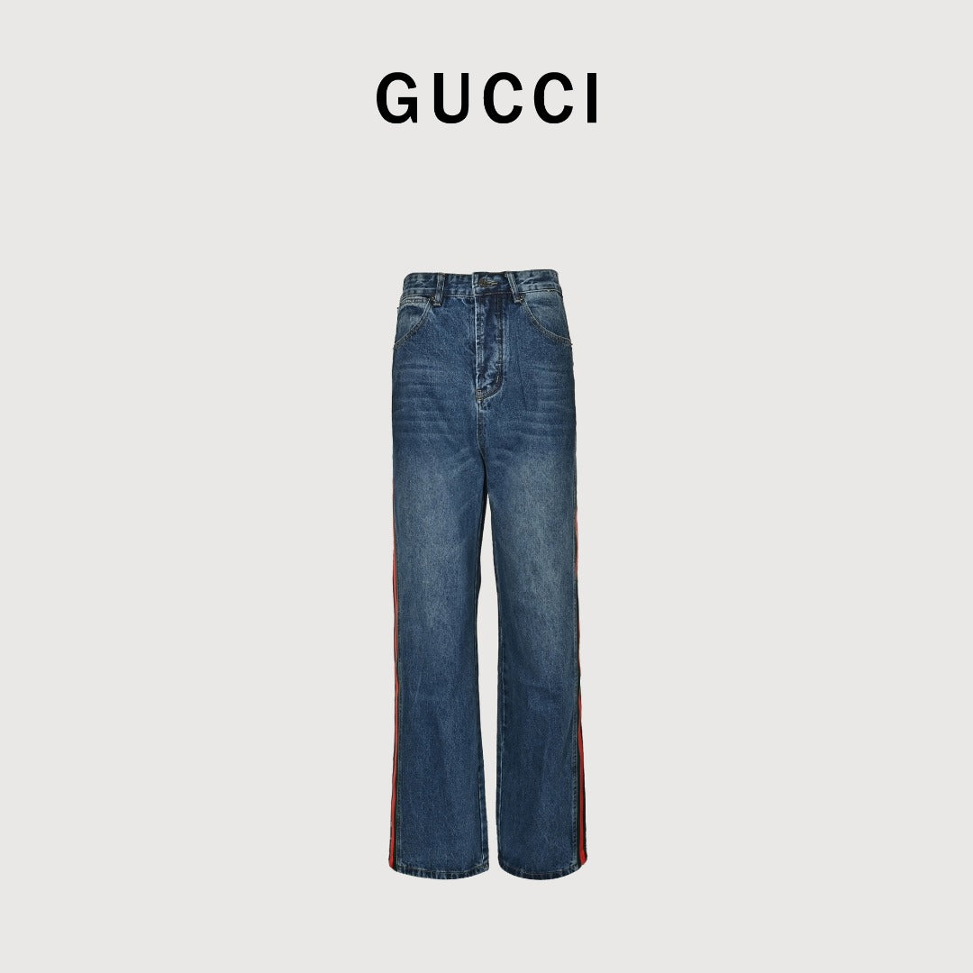 Gucci Side Web Stripe Mid Wash Blue Denim Jeans