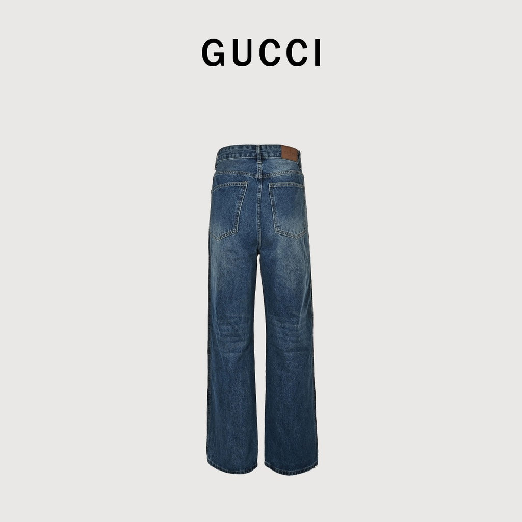 Gucci Side Web Stripe Mid Wash Blue Denim Jeans
