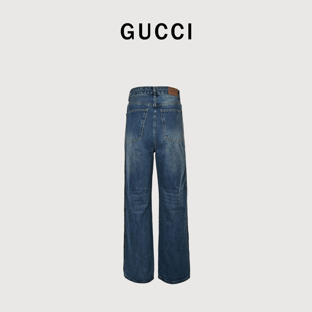 Gucci Side Web Stripe Mid Wash Blue Denim Jeans