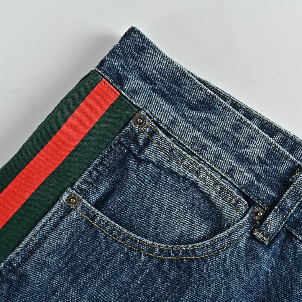 Gucci Side Web Stripe Mid Wash Blue Denim Jeans