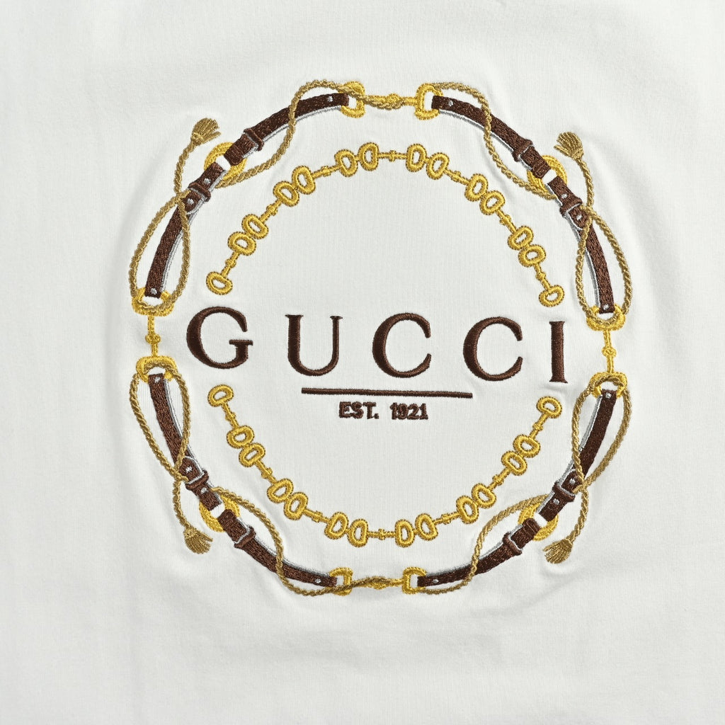 Gucci Interlocking GG Wheat Stalk Horsebit Chain Embroidery Short-Sleeve T-Shirt White