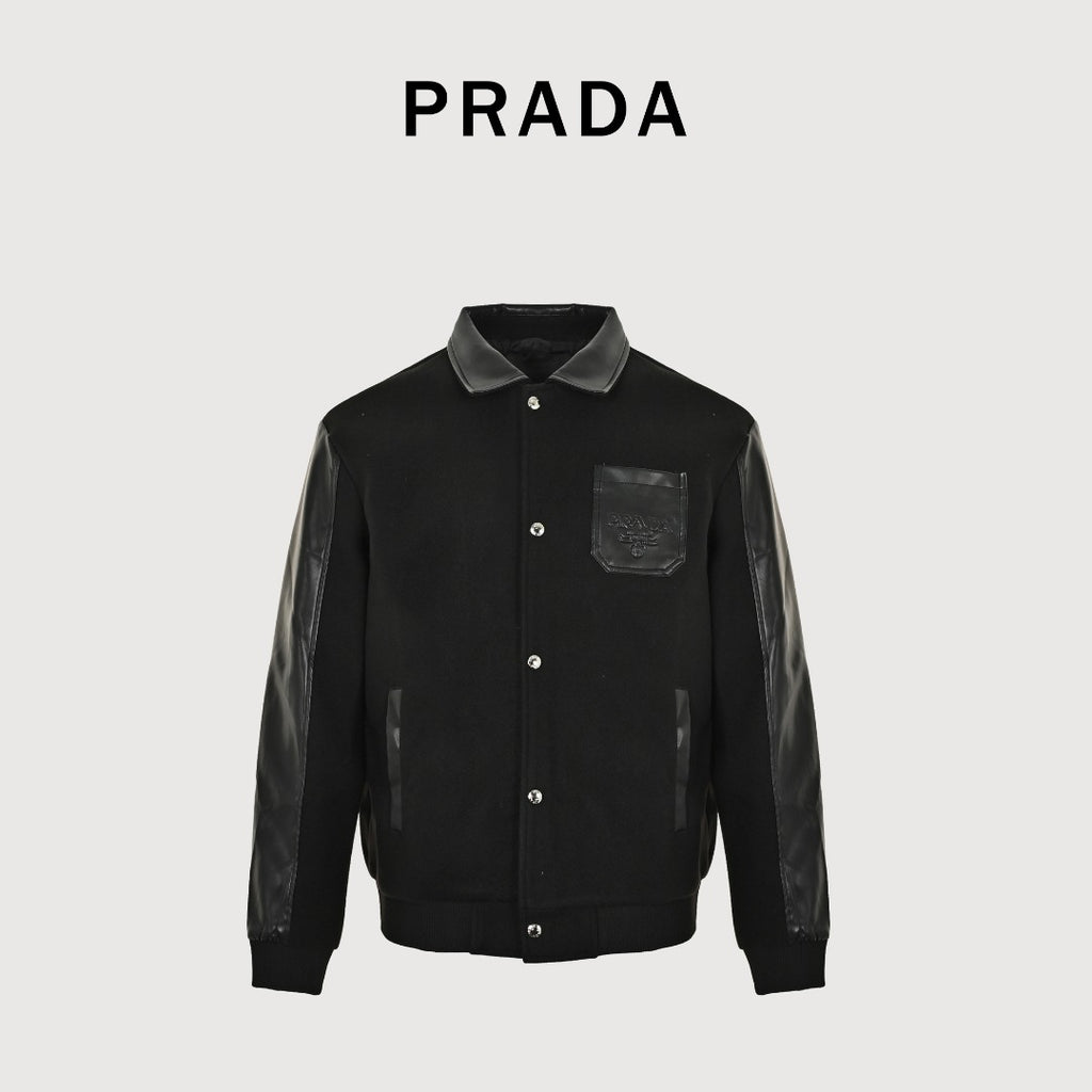 Prada Leather-Pocket Varsity Bomber Jacket — Black