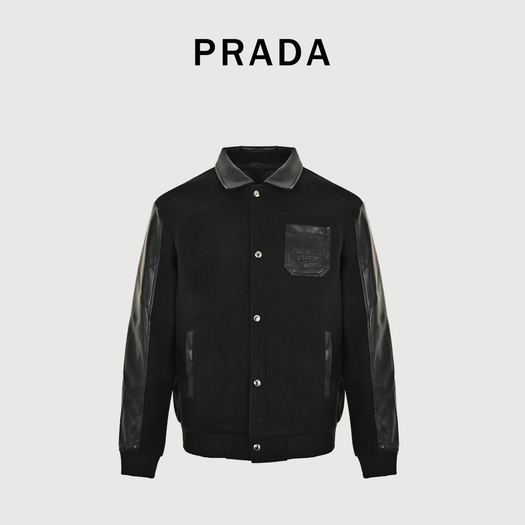 Prada Leather-Pocket Varsity Bomber Jacket — Black
