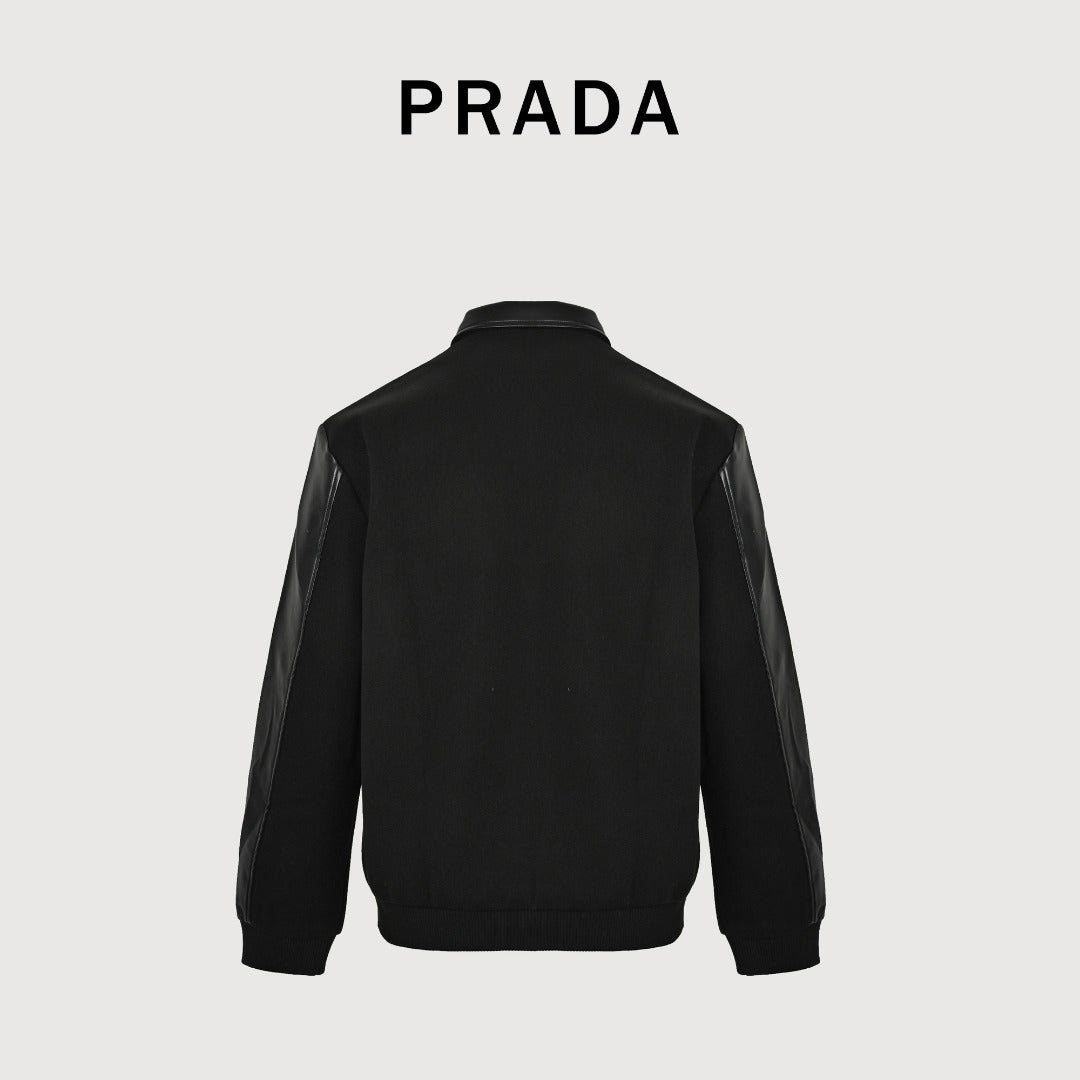 Prada Leather-Pocket Varsity Bomber Jacket — Black