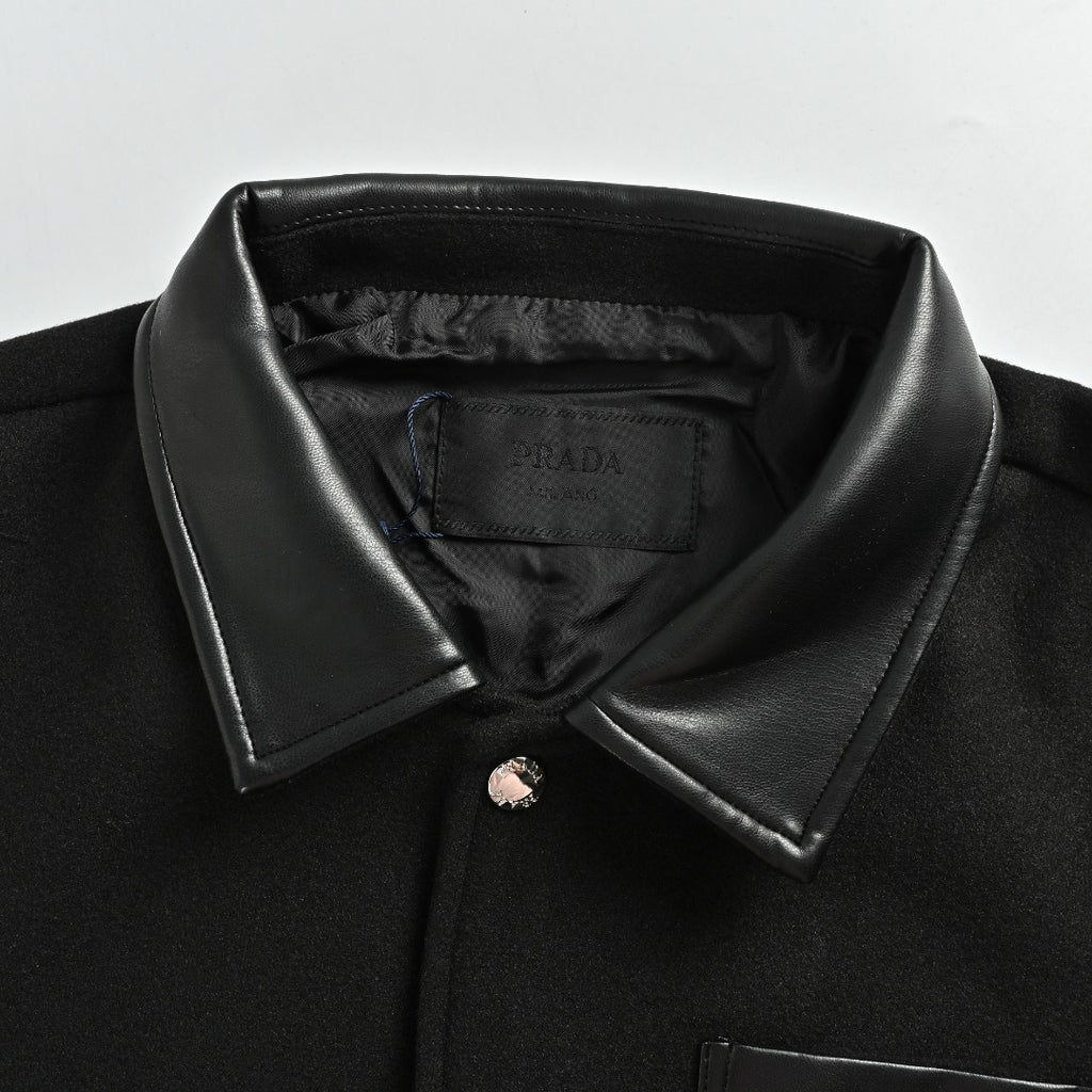 Prada Leather-Pocket Varsity Bomber Jacket — Black