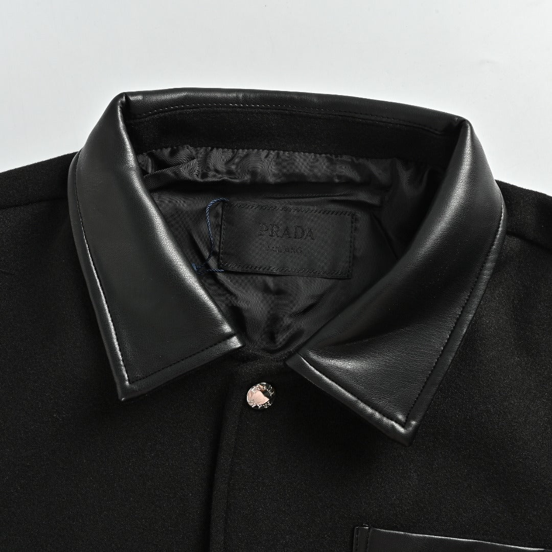 Prada Leather-Pocket Varsity Bomber Jacket — Black