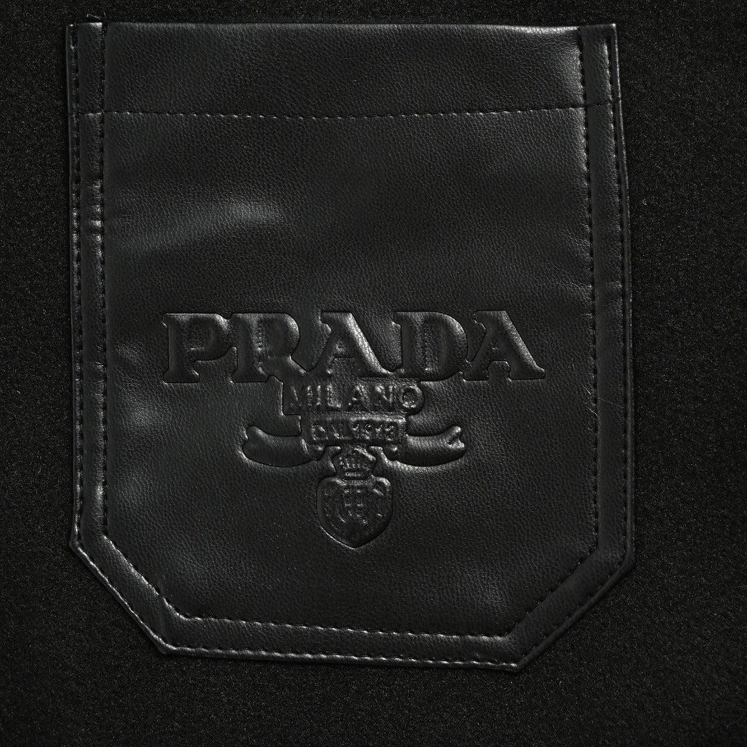 Prada Leather-Pocket Varsity Bomber Jacket — Black