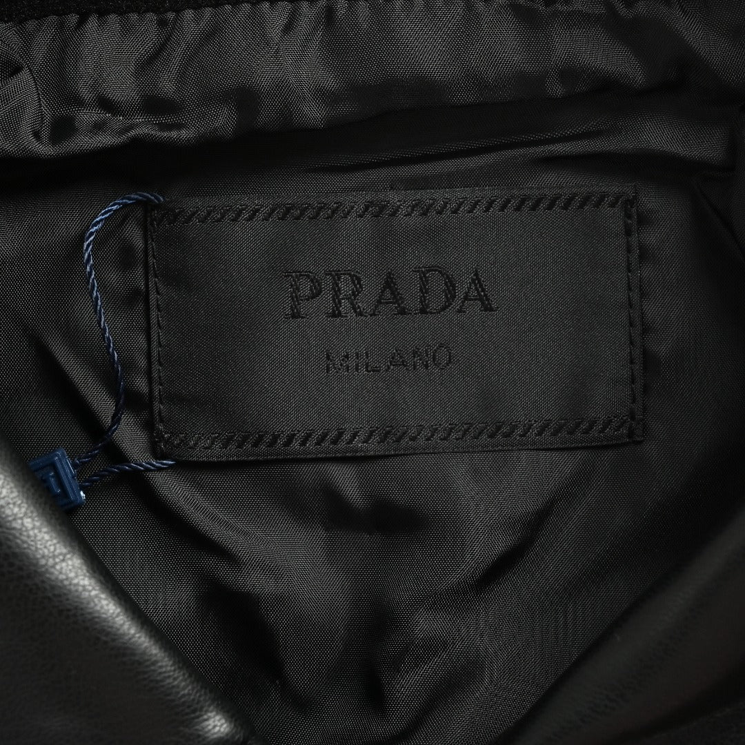 Prada Leather-Pocket Varsity Bomber Jacket — Black