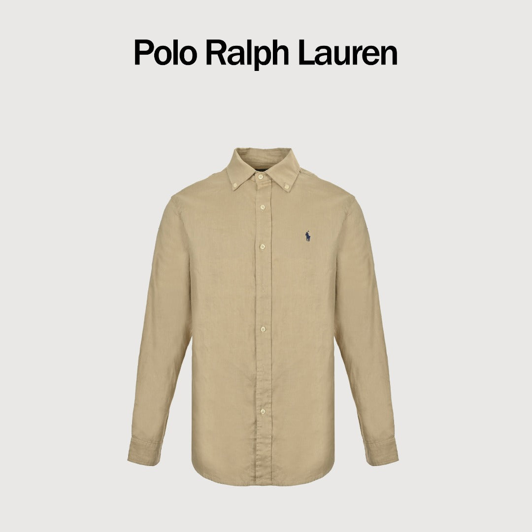 Ralph Lauren Polo Pony Embroidery Linen Long-Sleeve Shirt — Khaki