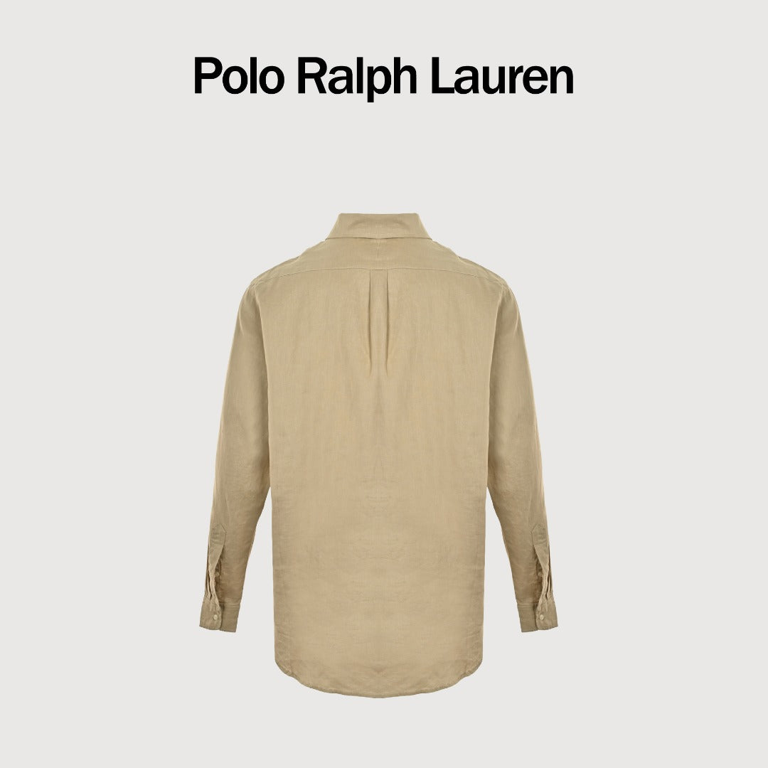 Ralph Lauren Polo Pony Embroidery Linen Long-Sleeve Shirt — Khaki