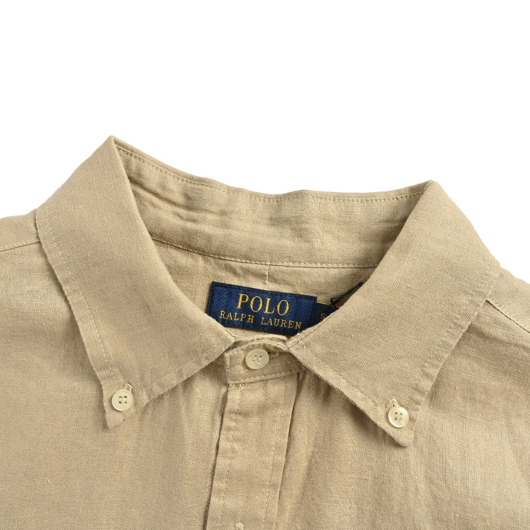 Ralph Lauren Polo Pony Embroidery Linen Long-Sleeve Shirt — Khaki