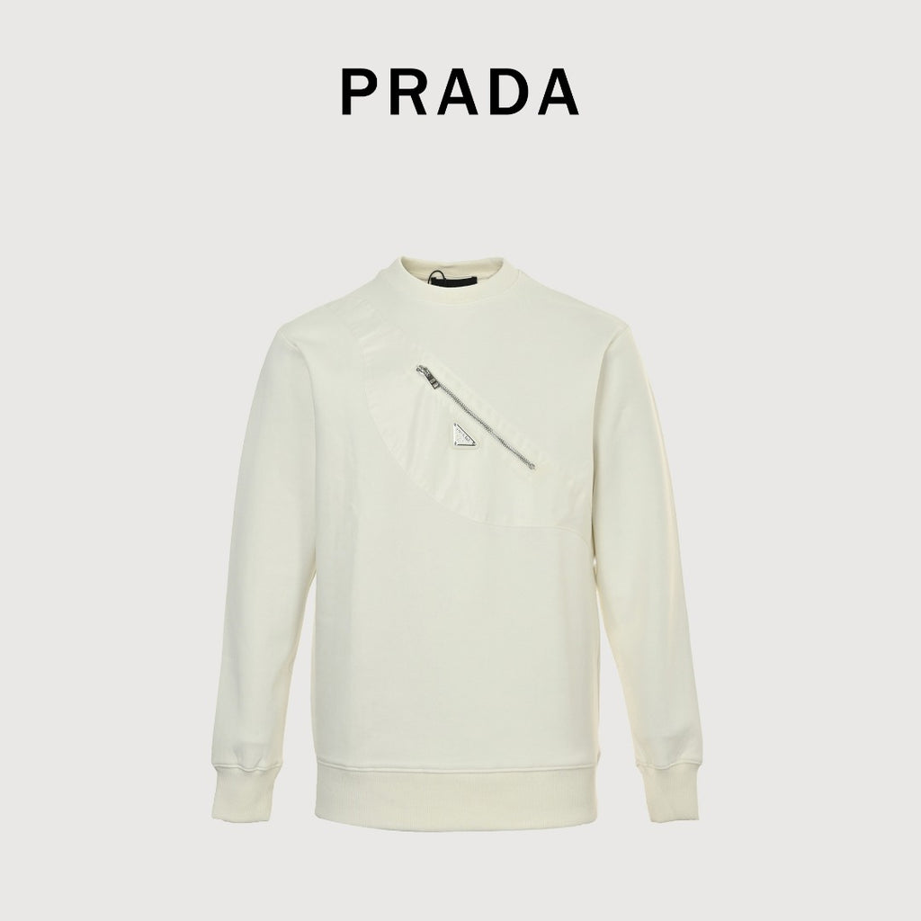 Prada Re-Nylon Backpack-Pocket Crewneck Sweatshirt — White