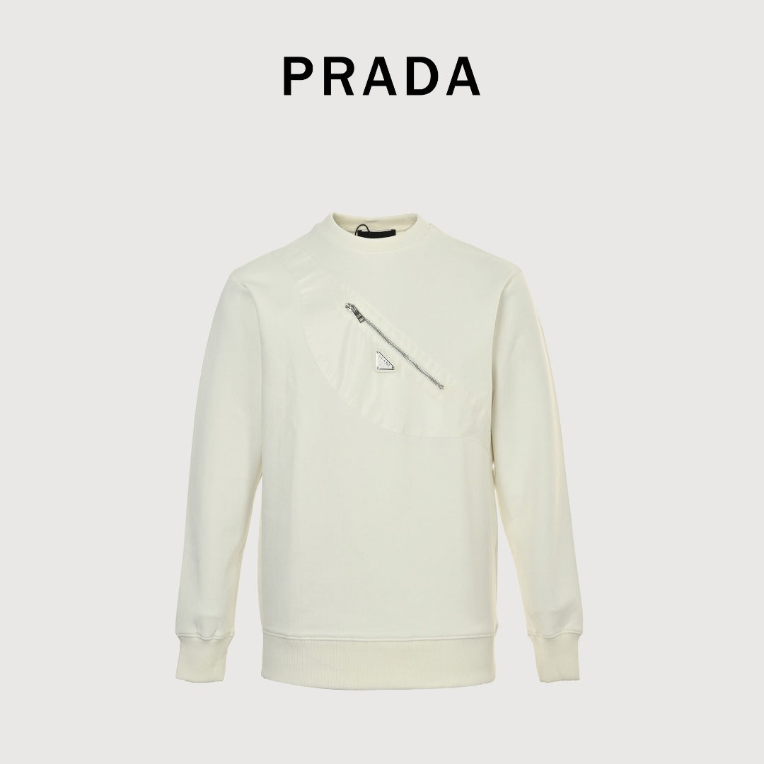 Prada Re-Nylon Backpack-Pocket Crewneck Sweatshirt — White