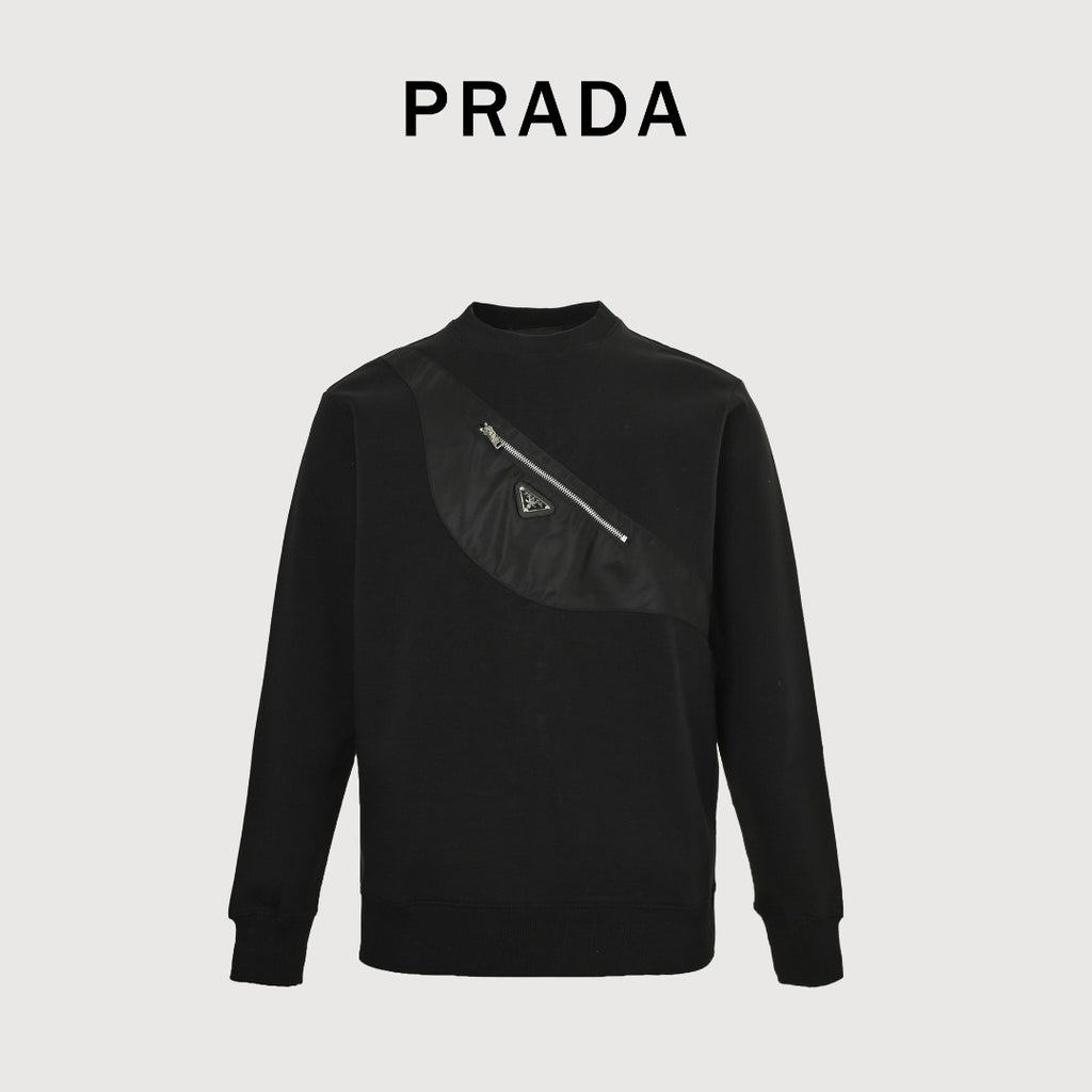 Prada Re-Nylon Backpack-Pocket Crewneck Sweatshirt — Black