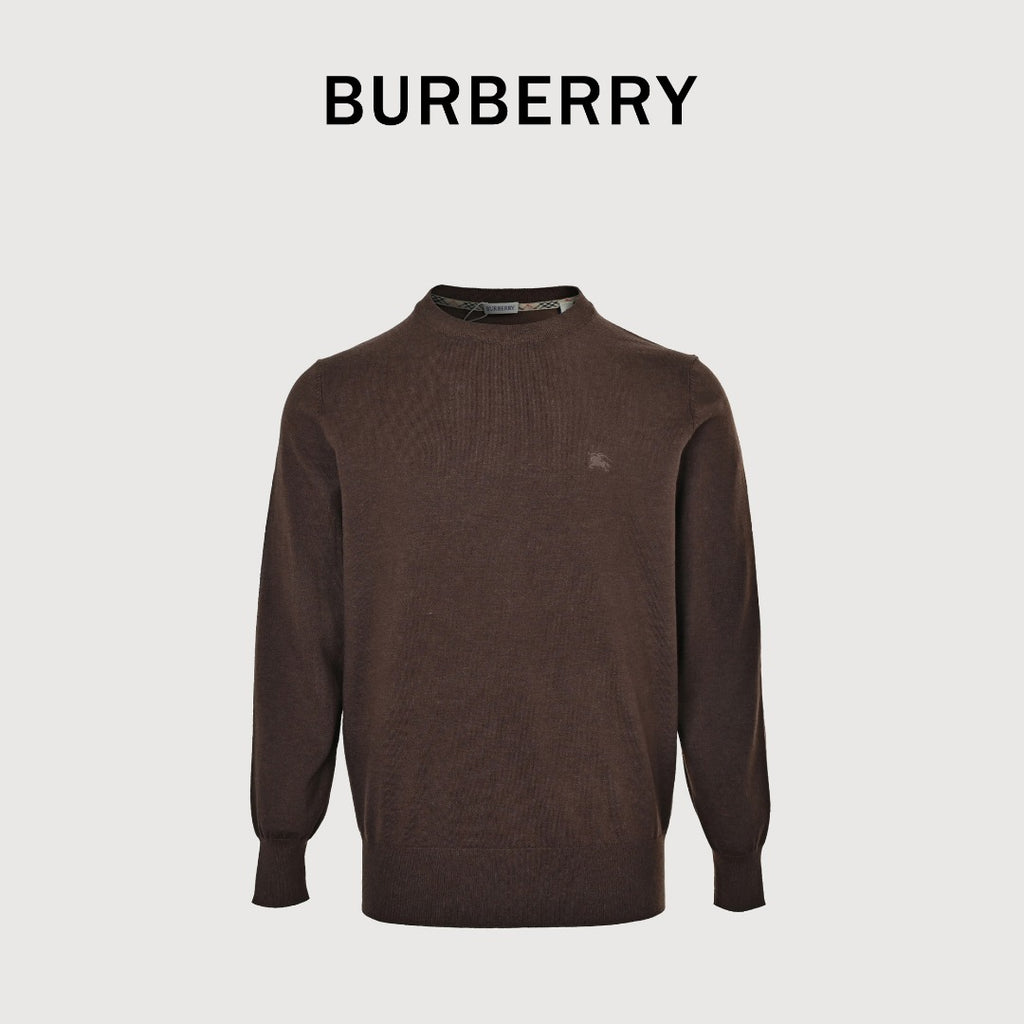 Burberry BBR Tri-Color Equestrian Knight Label Wool-Cashmere Crewneck Sweater — Dark Brown