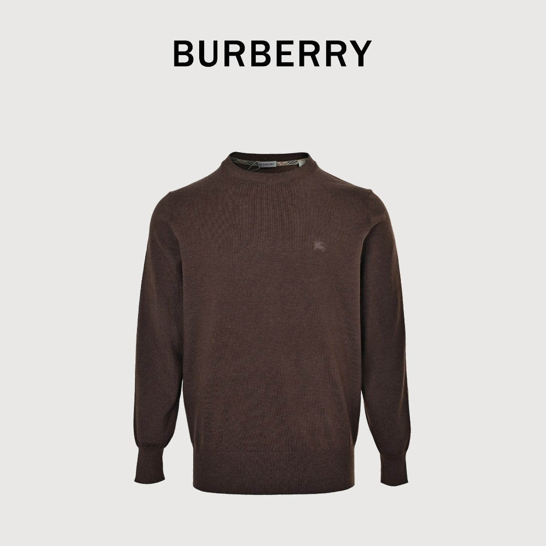 Burberry BBR Tri-Color Equestrian Knight Label Wool-Cashmere Crewneck Sweater — Dark Brown