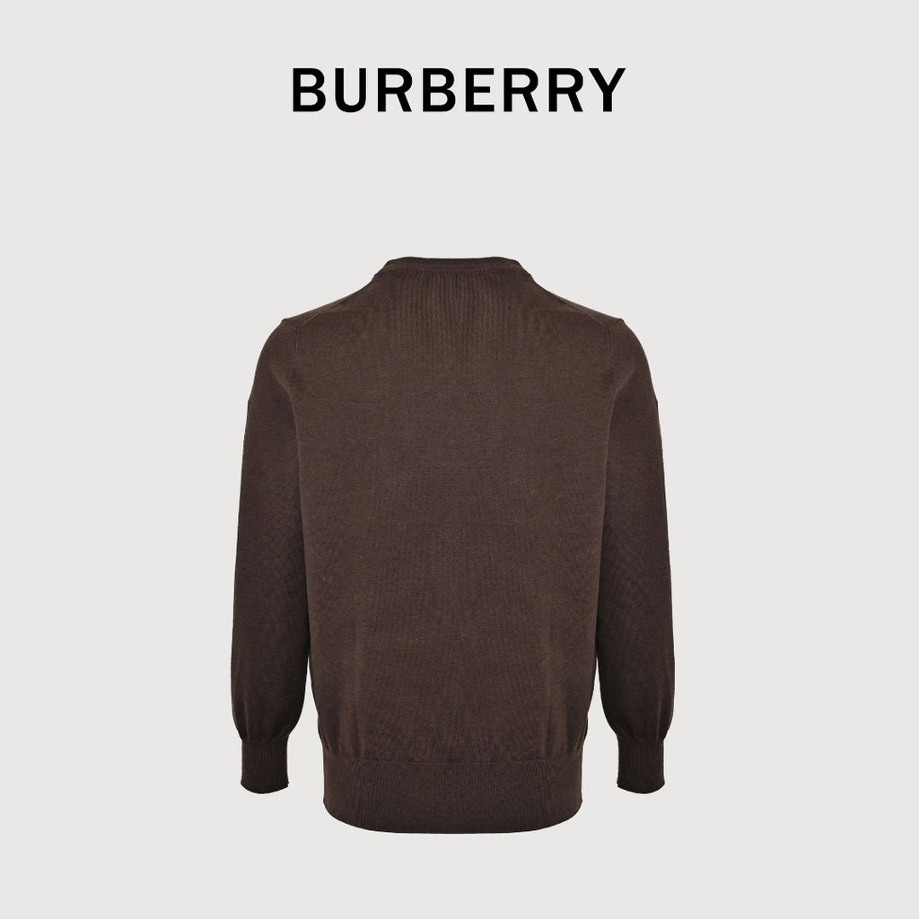 Burberry BBR Tri-Color Equestrian Knight Label Wool-Cashmere Crewneck Sweater — Dark Brown