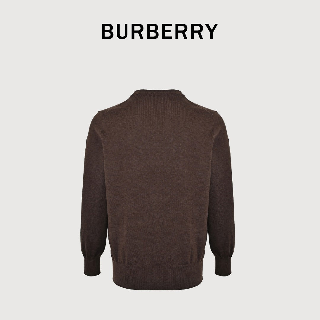 Burberry BBR Tri-Color Equestrian Knight Label Wool-Cashmere Crewneck Sweater — Dark Brown