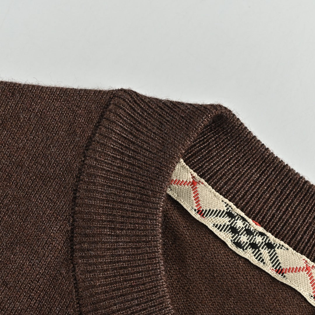 Burberry BBR Tri-Color Equestrian Knight Label Wool-Cashmere Crewneck Sweater — Dark Brown