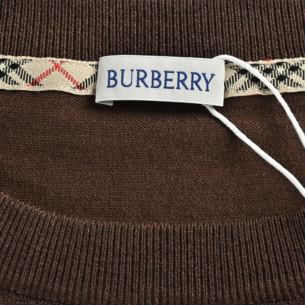 Burberry BBR Tri-Color Equestrian Knight Label Wool-Cashmere Crewneck Sweater — Dark Brown