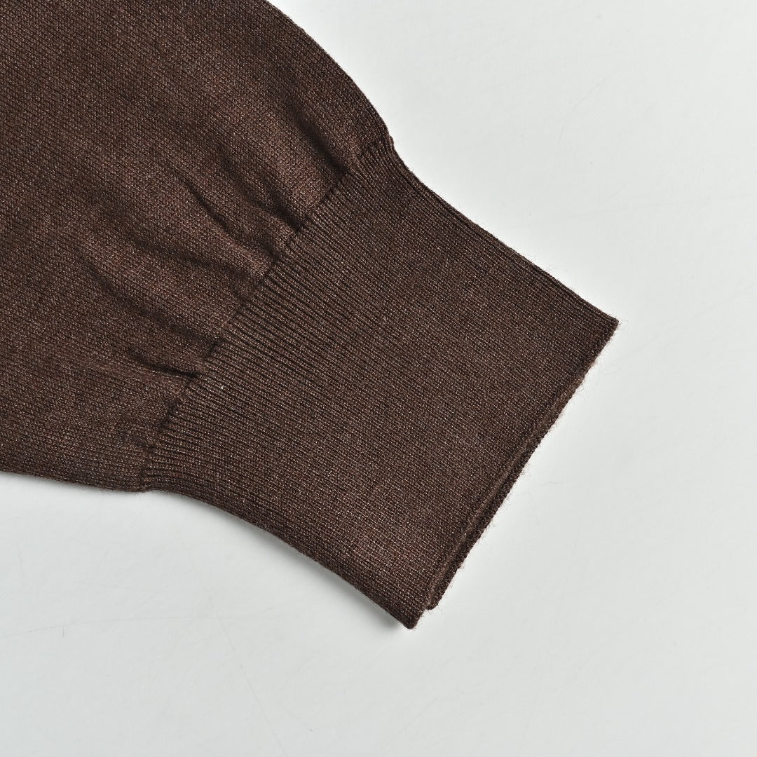 Burberry BBR Tri-Color Equestrian Knight Label Wool-Cashmere Crewneck Sweater — Dark Brown
