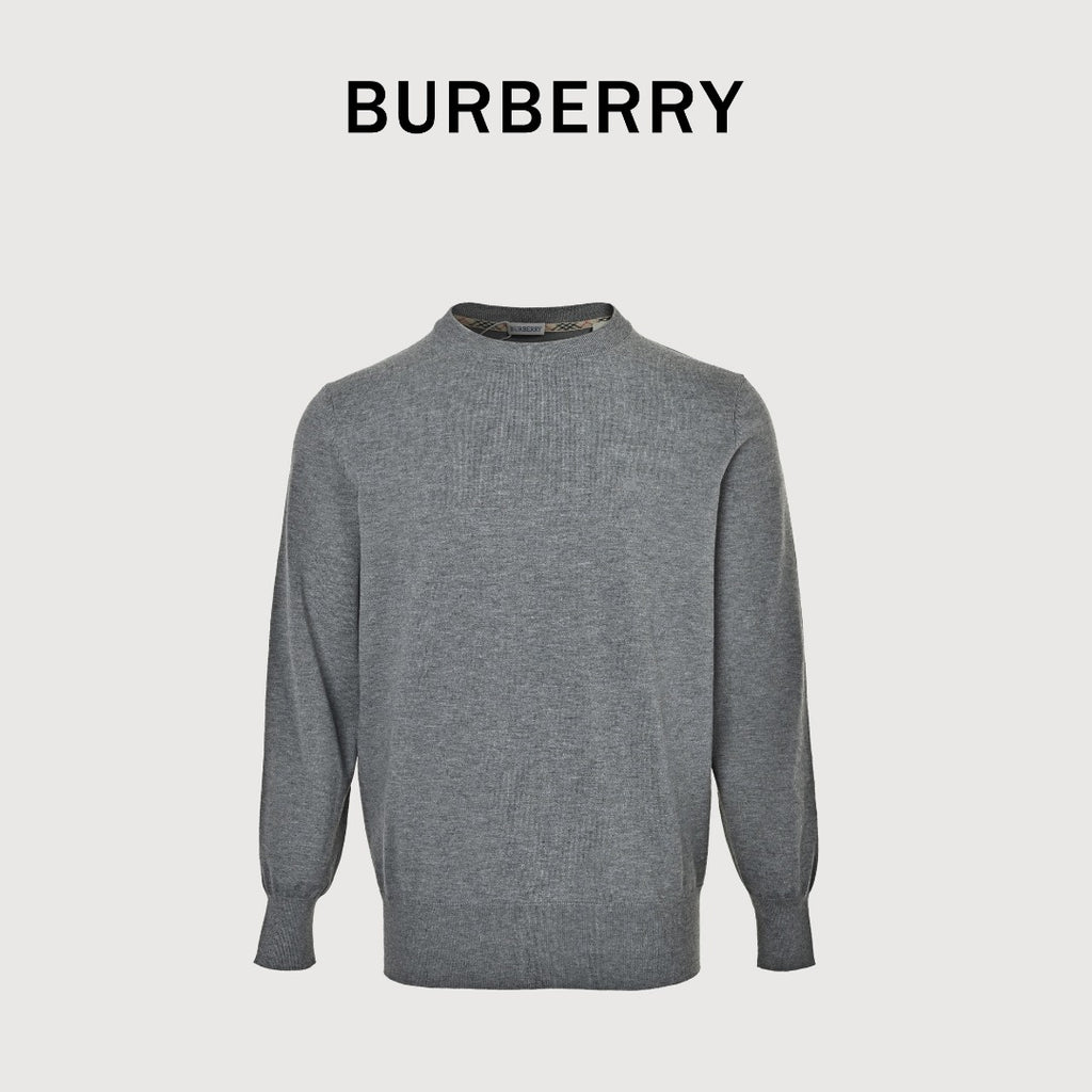 Burberry BBR Tri-Color Equestrian Knight Label Wool-Cashmere Crewneck Sweater — Grey