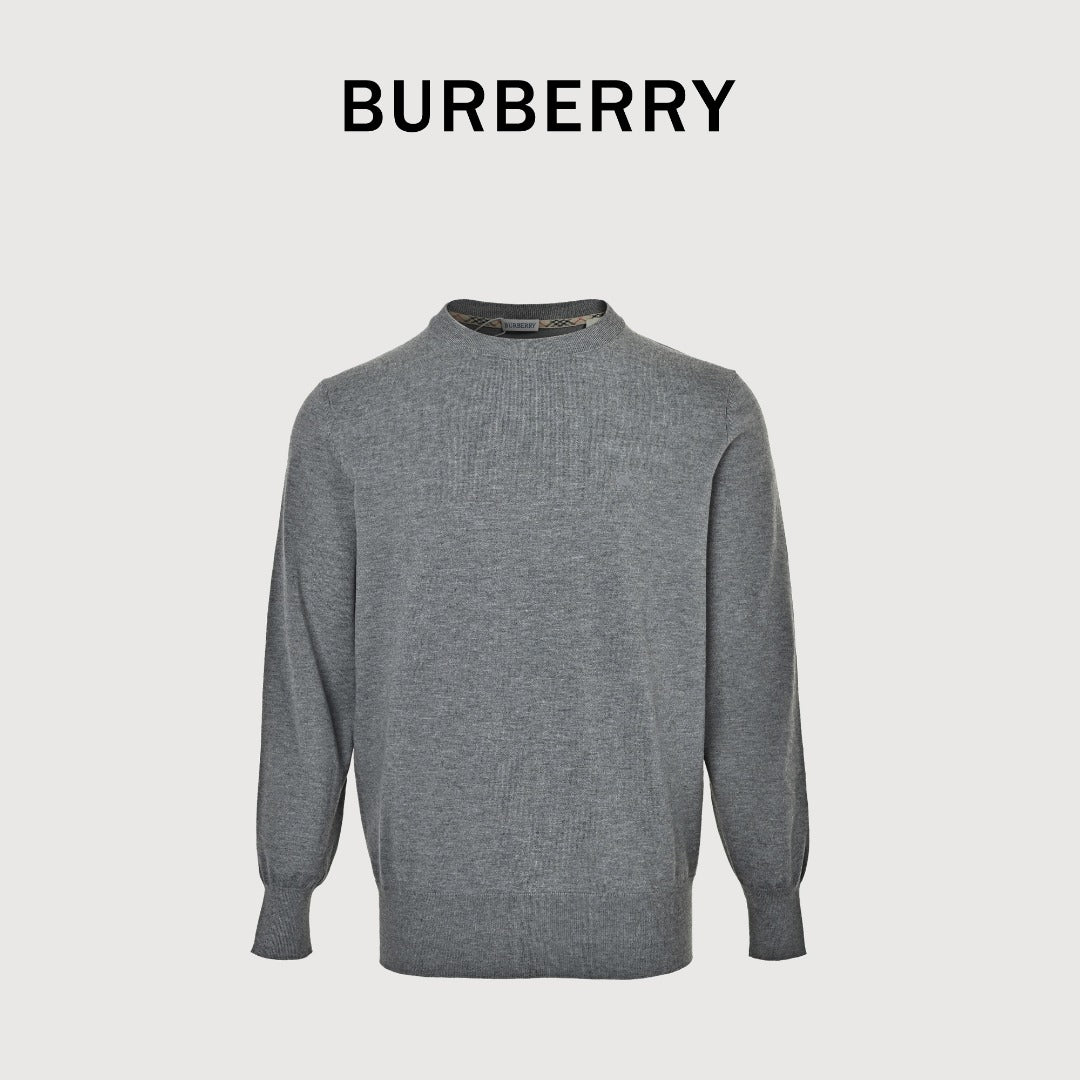 Burberry BBR Tri-Color Equestrian Knight Label Wool-Cashmere Crewneck Sweater — Grey