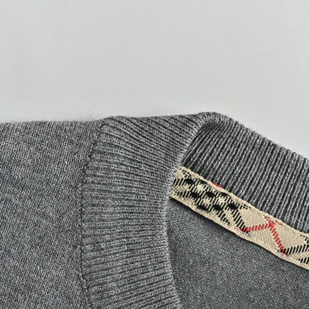 Burberry BBR Tri-Color Equestrian Knight Label Wool-Cashmere Crewneck Sweater — Grey