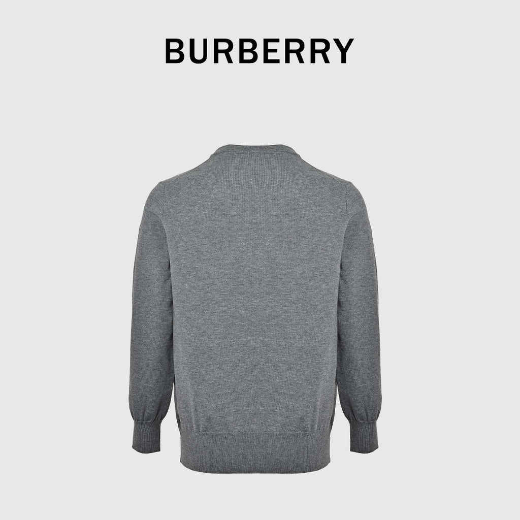 Burberry BBR Tri-Color Equestrian Knight Label Wool-Cashmere Crewneck Sweater — Grey