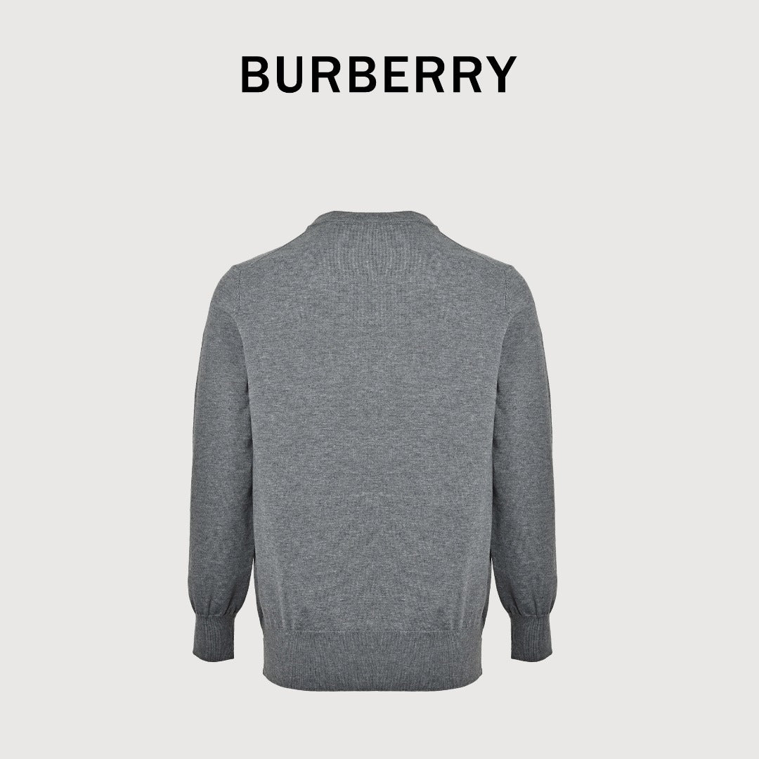 Burberry BBR Tri-Color Equestrian Knight Label Wool-Cashmere Crewneck Sweater — Grey