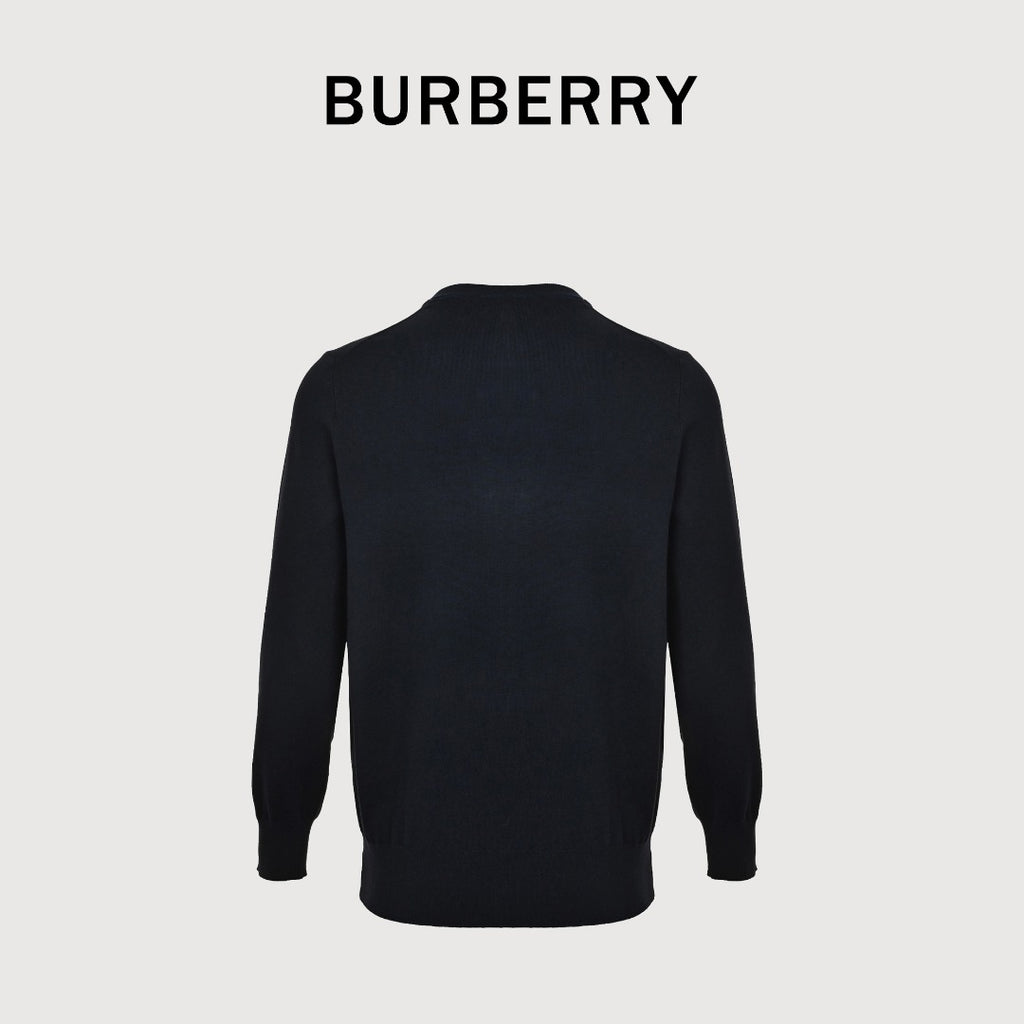 Burberry BBR Tri-Color Equestrian Knight Label Wool-Cashmere Crewneck Sweater — Black