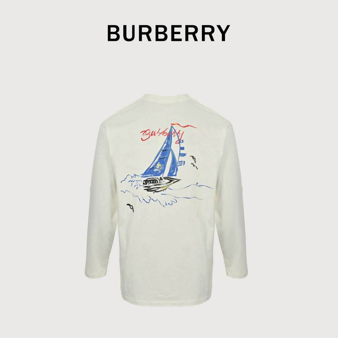 Burberry 25FW Letter B Sailboat Painted Print Long-Sleeve T-Shirt — Ecru